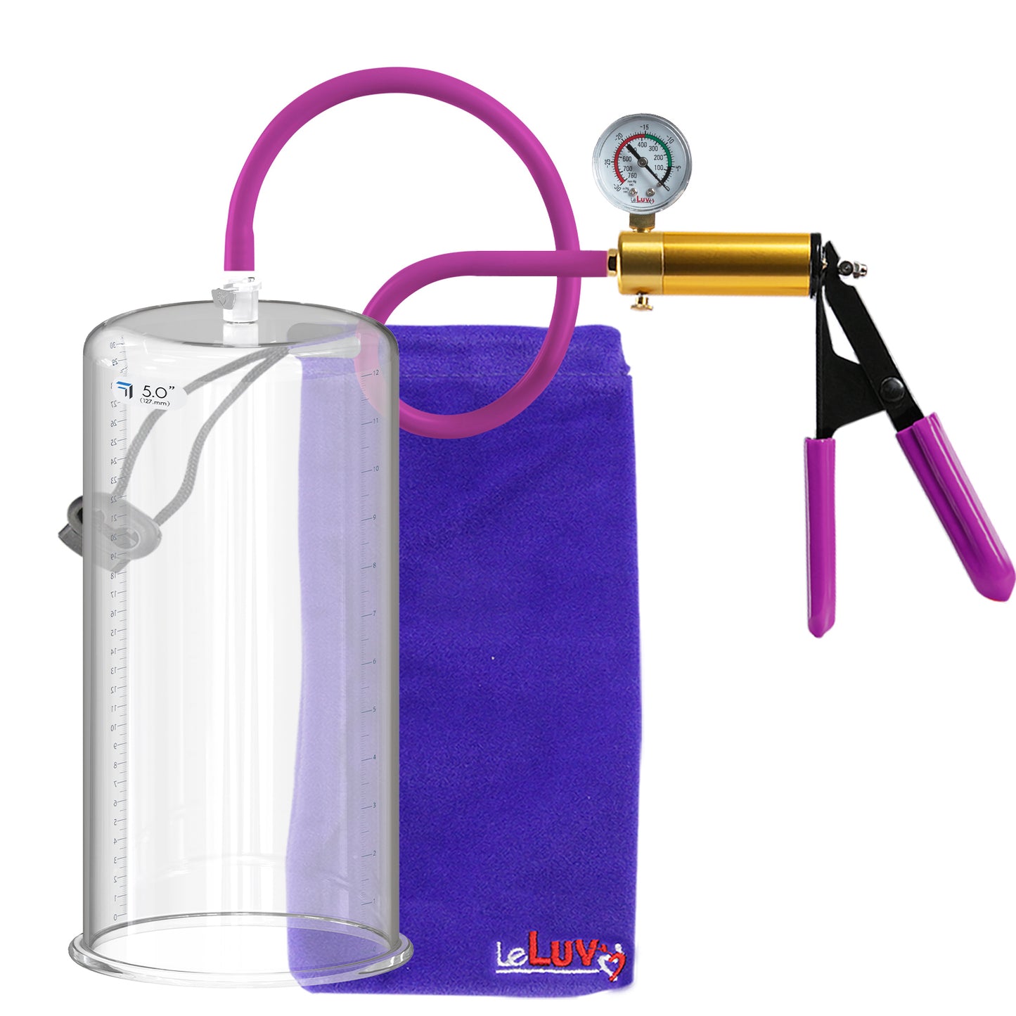 Ultima Brass Purple Penis Pump | Rubber Grip, Silicone Hose + Gauge | 12" Length x 5.00" Cylinder Diameter