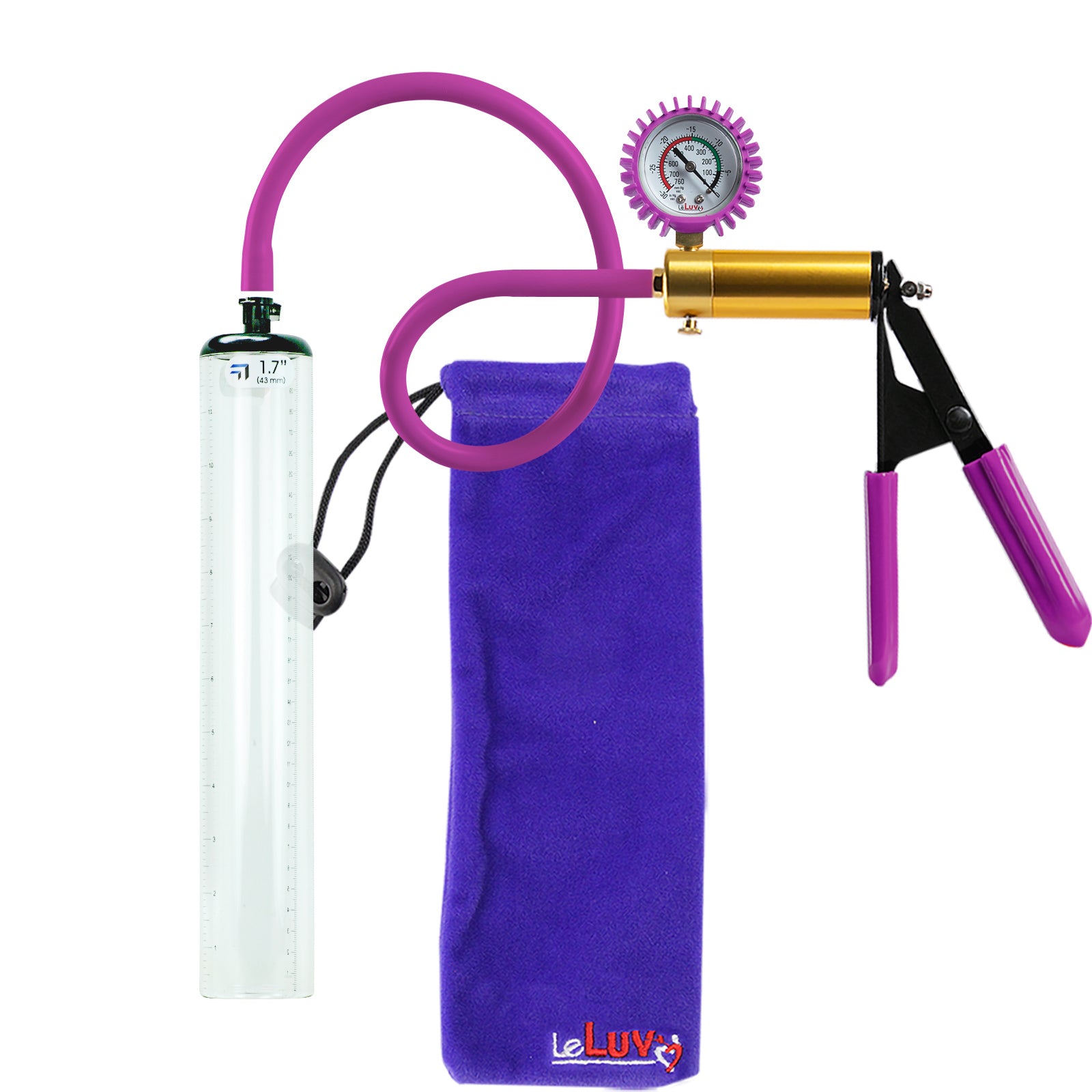 LeLuv Ultima Penis Pump - Brass with Purple Rubber Grip and Silicone Hose - Thick-Walled Cylinder
