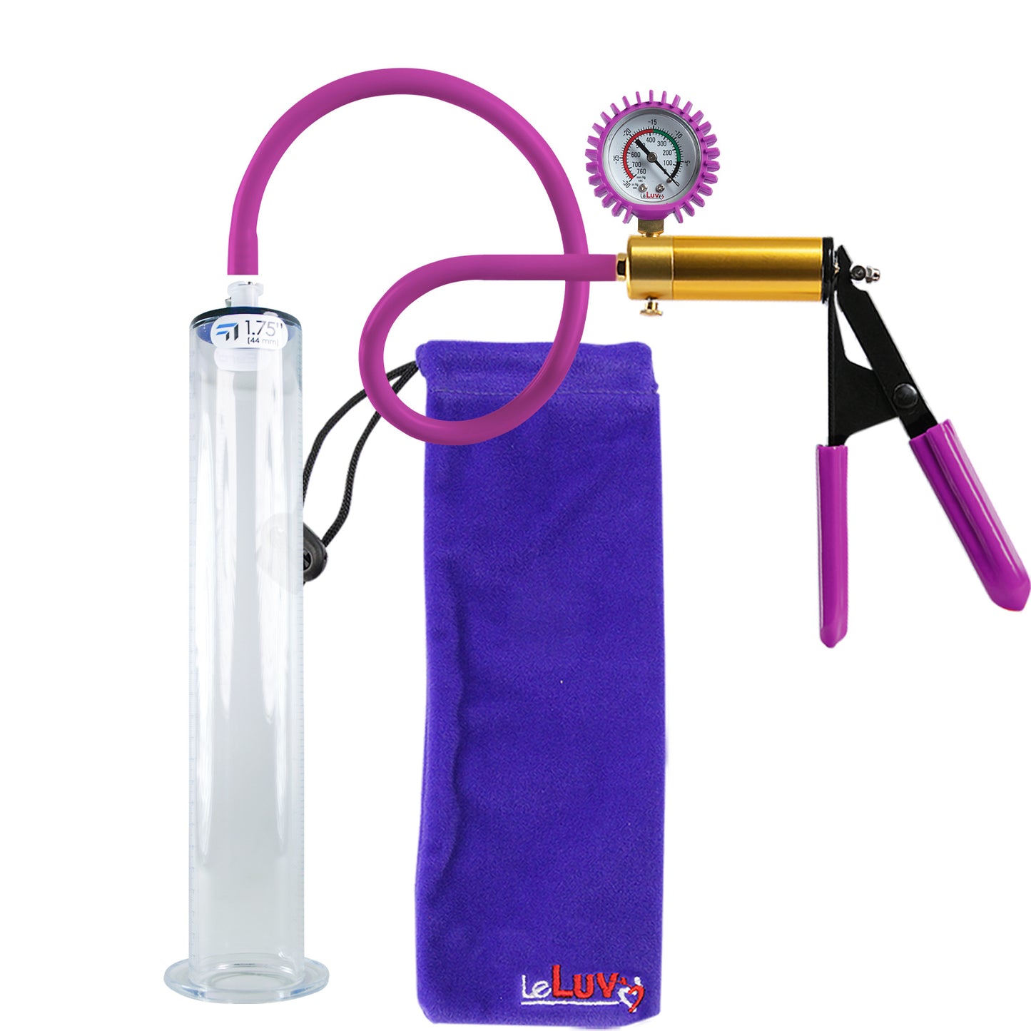 Ultima Brass Purple Penis Pump | Rubber Grip, Silicone Hose + Protected Gauge | 12" Length - 1.75" Diameter WIDE FLANGE Cylinder