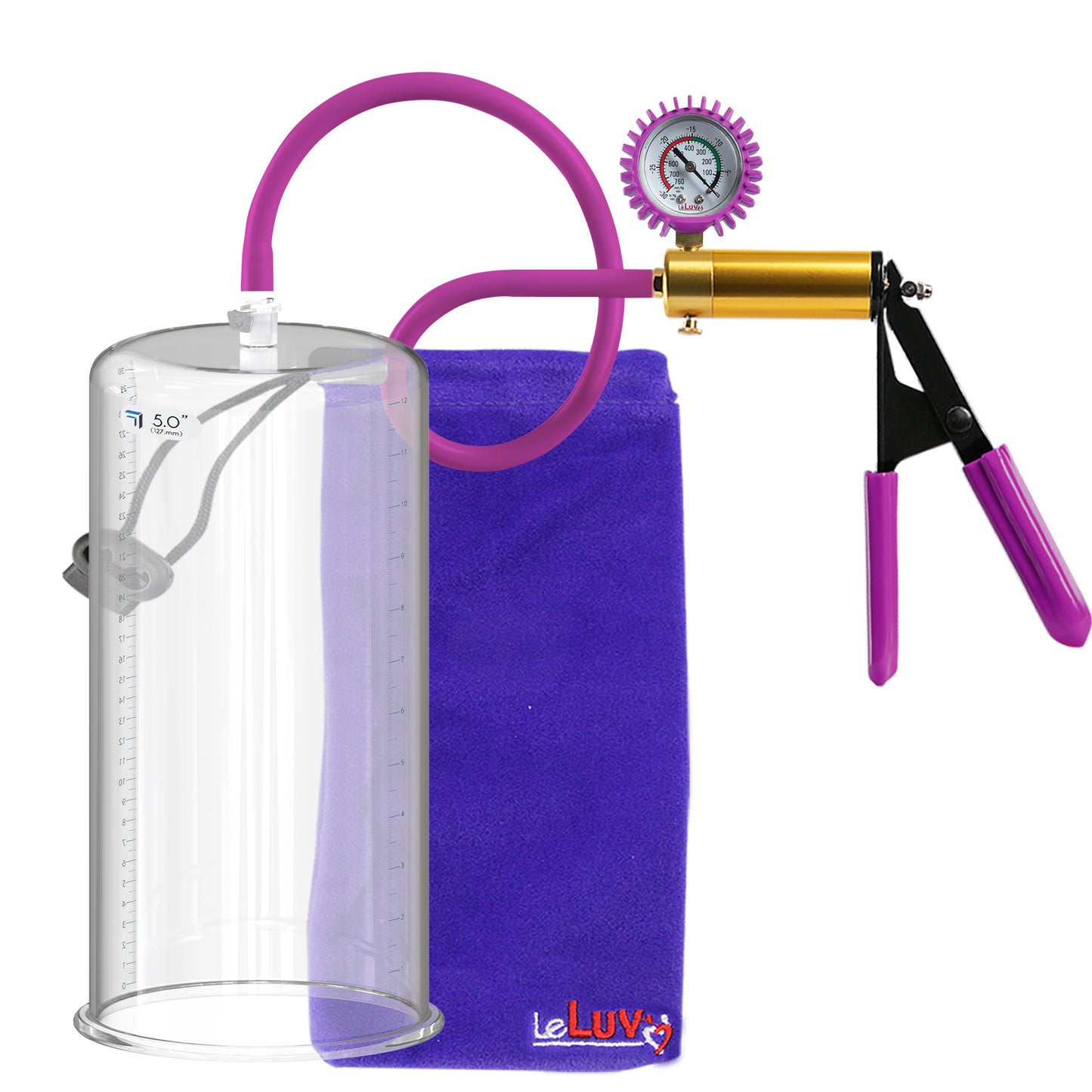Ultima Brass Purple Penis Pump | Rubber Grip, Silicone Hose + Protected Gauge | 9" Length 5.00" Cylinder Diameter