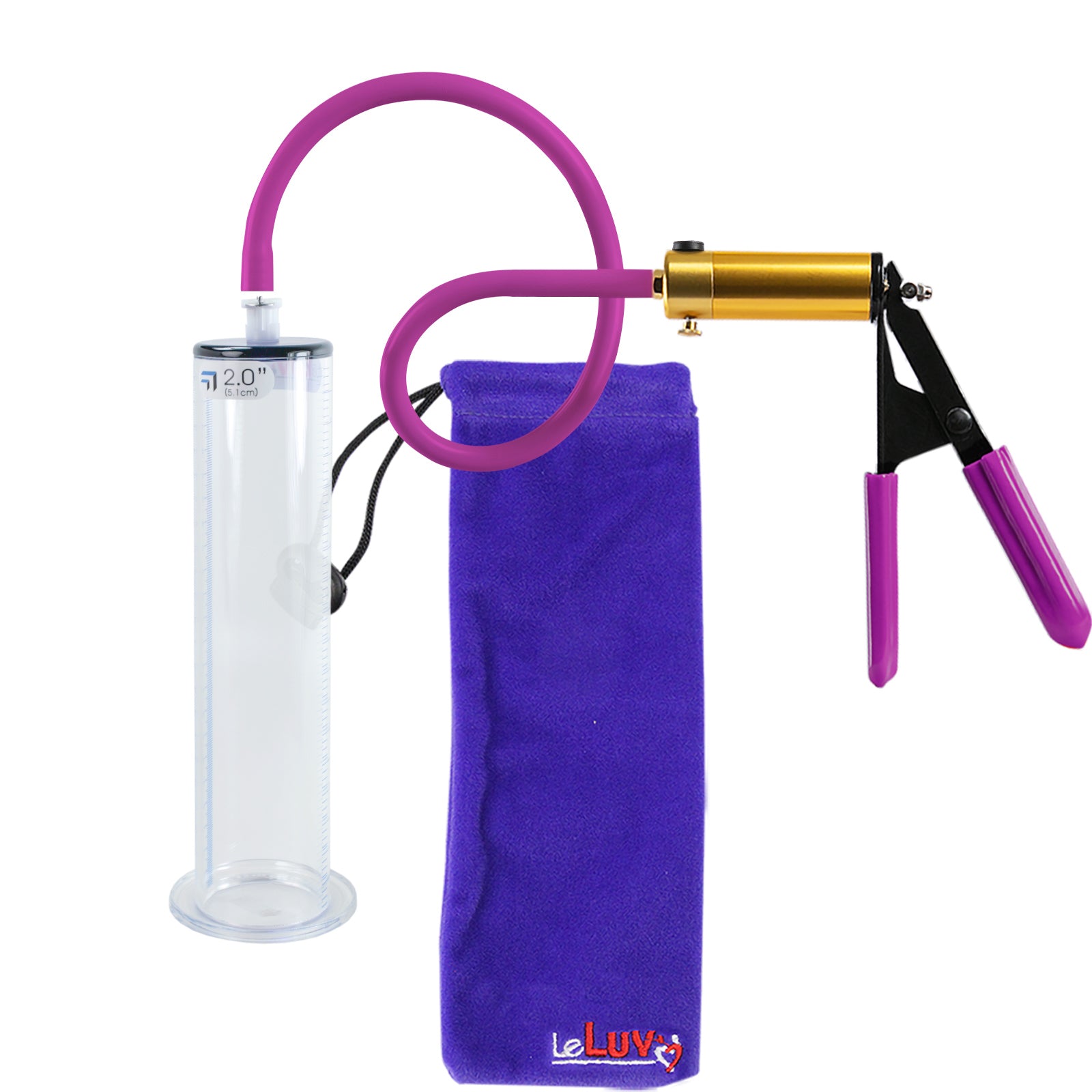 Ultima Brass Purple Penis Pump | Rubber Grip, Silicone Hose | 9" Length x 2.00" Diameter WIDE FLANGE Cylinder