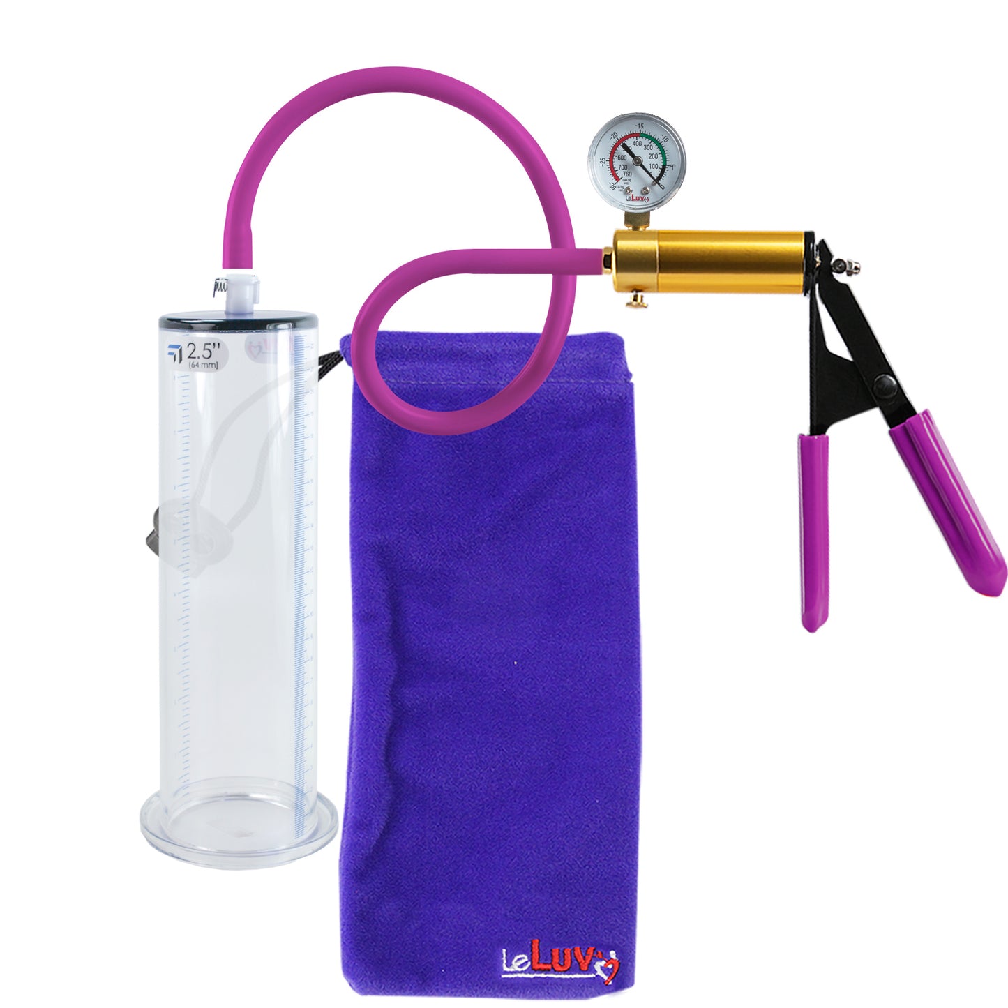 Ultima Brass Purple Penis Pump | Rubber Grip, Silicone Hose + Gauge | 9" Length - 2.50" Diameter WIDE FLANGE Cylinder