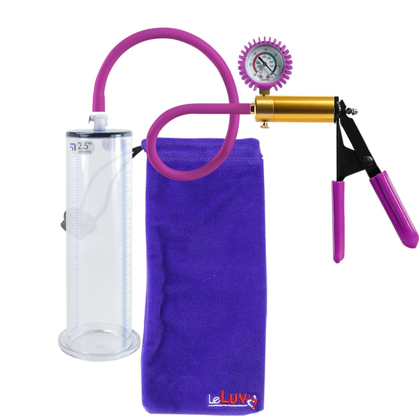 Ultima Brass Purple Penis Pump | Rubber Grip, Silicone Hose + Protected Gauge | 9" Length - 2.50" Diameter WIDE FLANGE Cylinder
