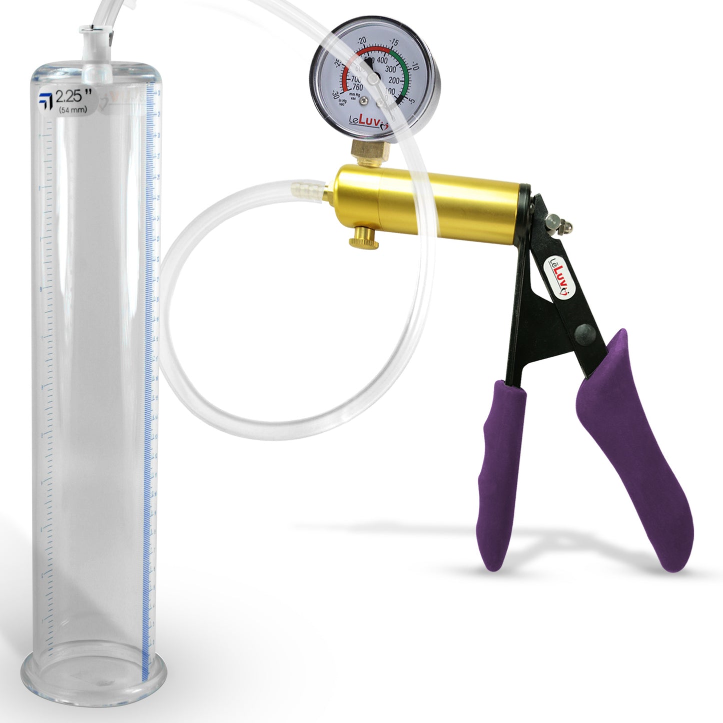 Ultima Brass Purple Penis Pump | Silicone Grip, Clear Hose + Gauge | 12" Length x 2.25" Cylinder Diameter