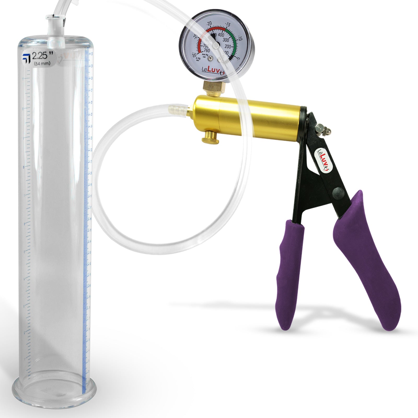 Ultima Brass Purple Penis Pump | Silicone Grip, Clear Hose + Gauge | 12" Length x 2.25" Cylinder Diameter