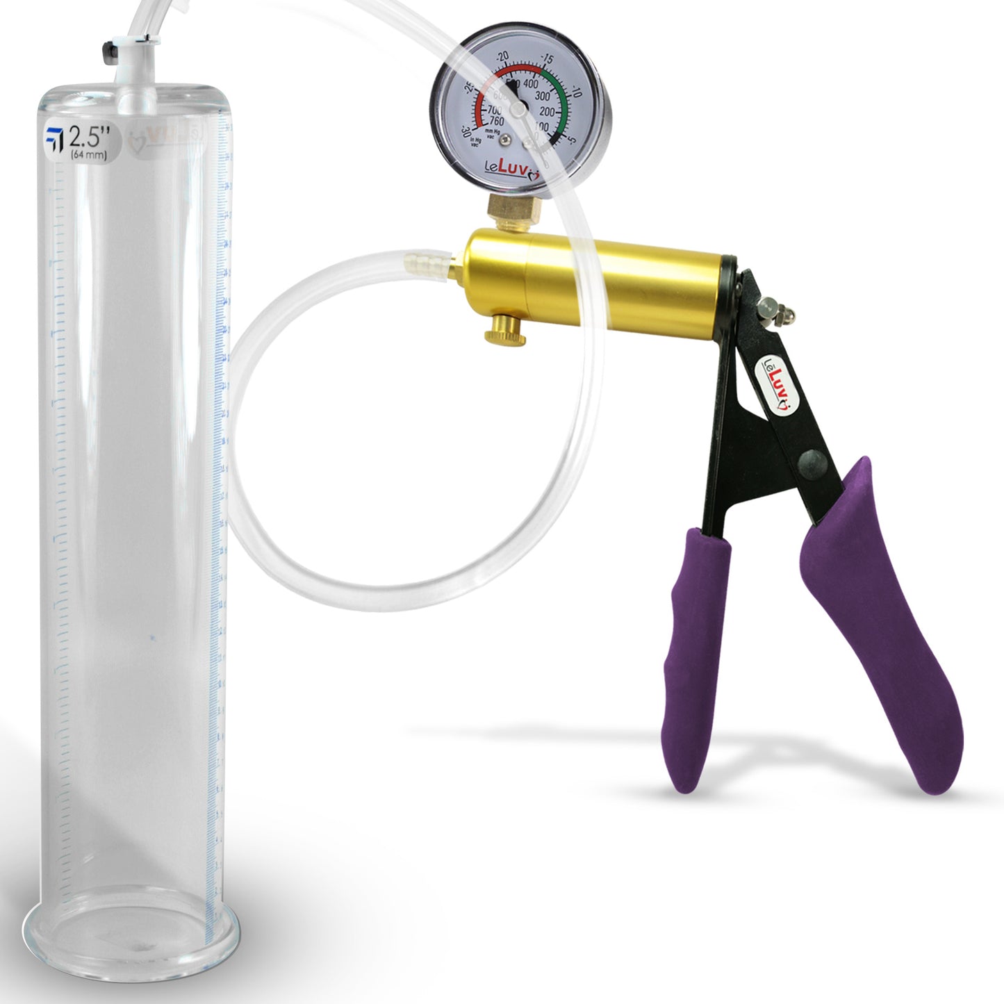 Ultima Brass Purple Penis Pump | Silicone Grip, Clear Hose + Gauge | 12" Length x 2.50" Cylinder Diameter
