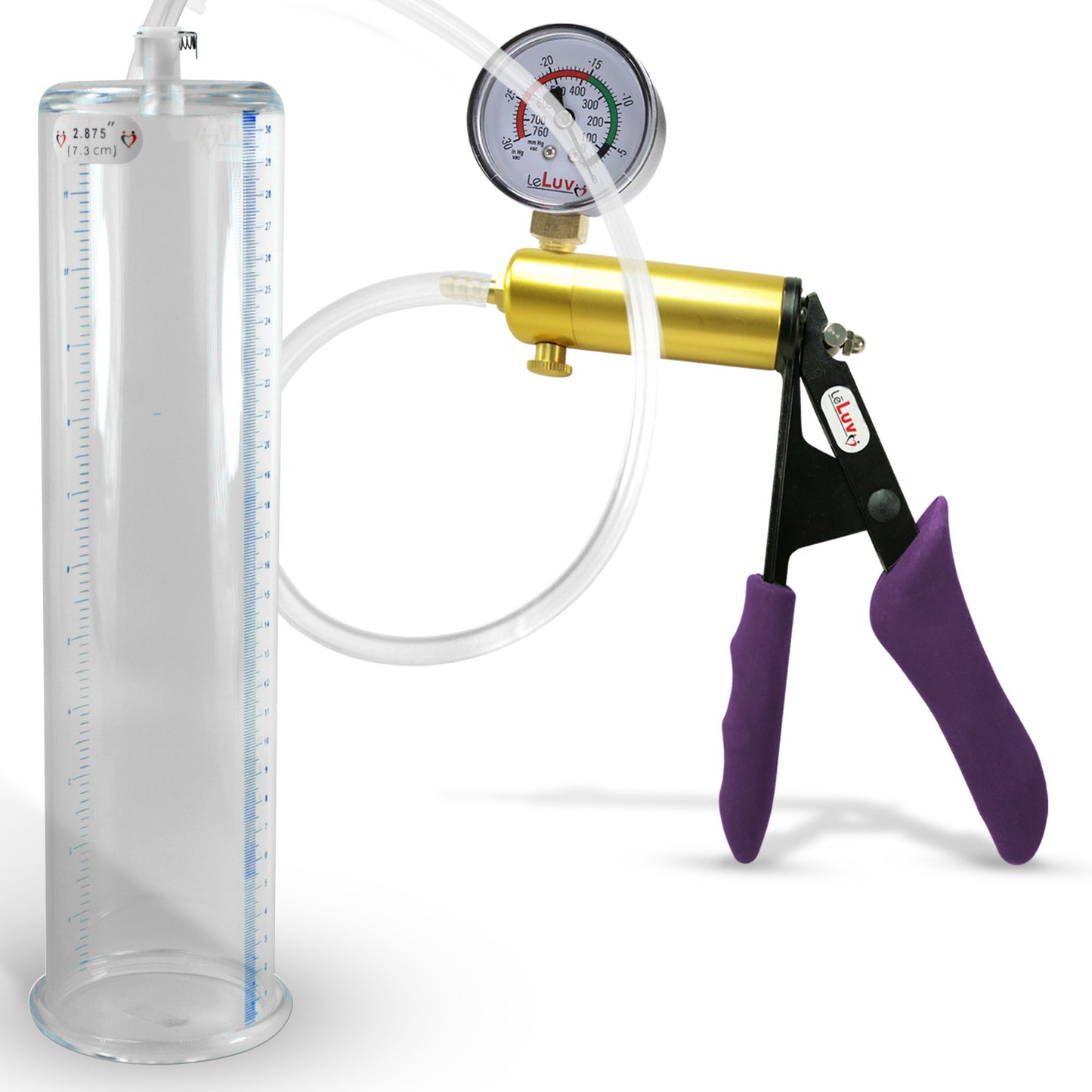 Ultima Brass Purple Penis Pump | Silicone Grip, Clear Hose + Gauge | 12" Length x 2.875" Cylinder Diameter