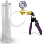 Ultima Brass Purple Penis Pump | Silicone Grip, Clear Hose + Gauge | 12" Length x 2.875" Cylinder Diameter