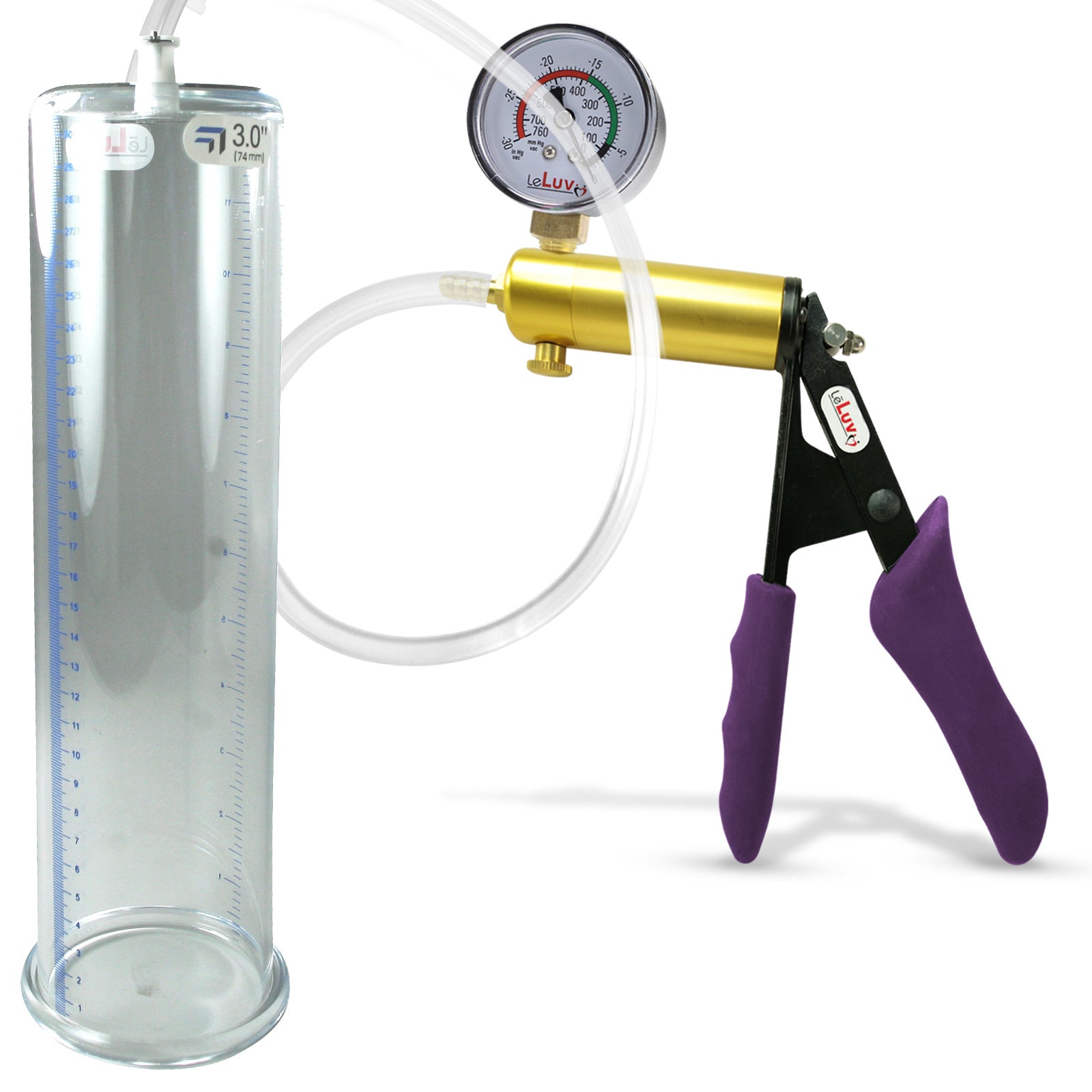 Ultima Brass Purple Penis Pump | Silicone Grip, Clear Hose + Gauge | 12" Length x 3.00" Cylinder Diameter