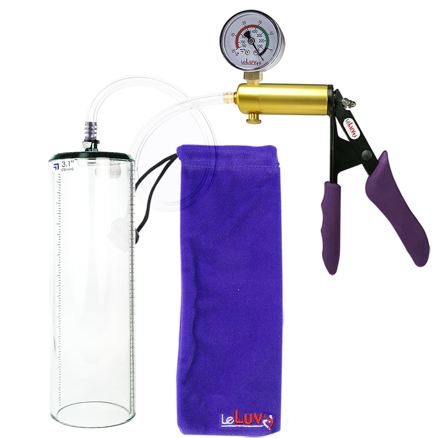 Ultima Brass Purple Penis Pump | Silicone Grip, Clear Hose + Gauge | 12" x 3.1" Thick-Walled Cylinder