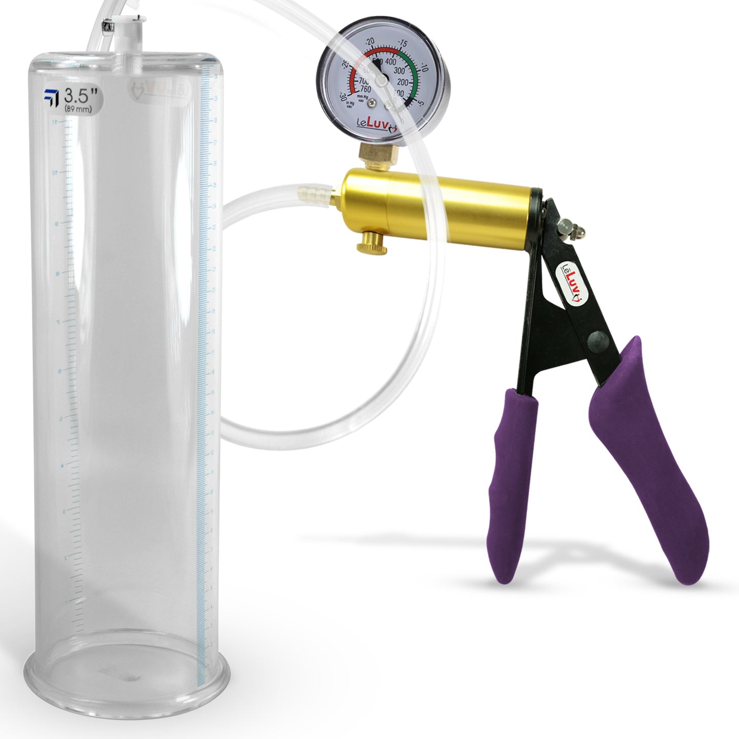 Ultima Brass Purple Penis Pump | Silicone Grip, Clear Hose + Gauge | 12" Length x 3.50" Cylinder Diameter