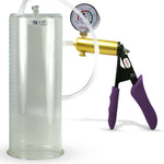 Ultima Brass Purple Penis Pump | Silicone Grip, Clear Hose + Gauge | 12" Length x 4.50" Cylinder Diameter
