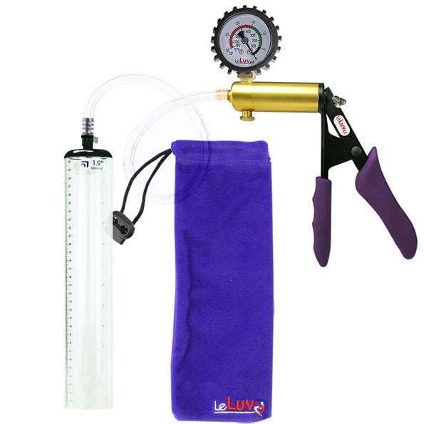 Ultima Brass Purple Penis Pump | Silicone Grip, Clear Hose + Protected Gauge | 12" x 1.9" Thick-Walled Cylinder