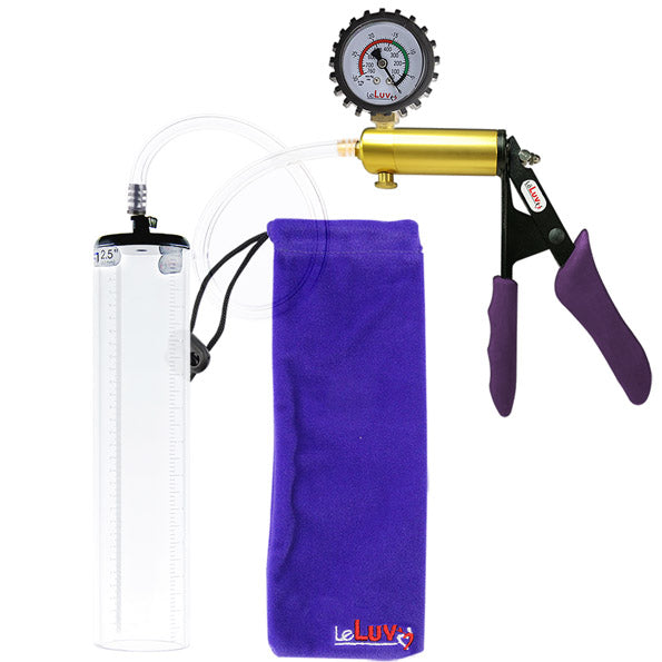 Ultima Brass Purple Penis Pump | Silicone Grip, Clear Hose + Protected Gauge | 12" x 2.5" Thick-Walled Cylinder