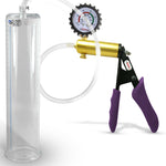 Ultima Brass Purple Penis Pump | Silicone Grip, Clear Hose + Gauge & Cover | 12" Length 2.75" Cylinder Diameter