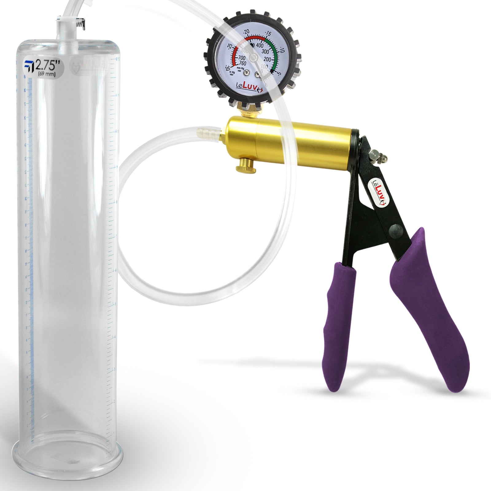Ultima Brass Purple Penis Pump | Silicone Grip, Clear Hose + Gauge & Cover | 12" Length 2.75" Cylinder Diameter