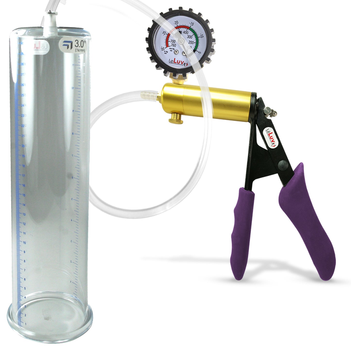 Ultima Brass Purple Penis Pump | Silicone Grip, Clear Hose + Gauge & Cover | 12" Length 3.00" Cylinder Diameter