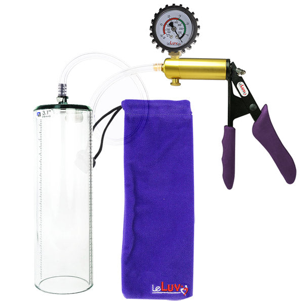 Ultima Brass Purple Penis Pump | Silicone Grip, Clear Hose + Protected Gauge | 12" x 3.1" Thick-Walled Cylinder