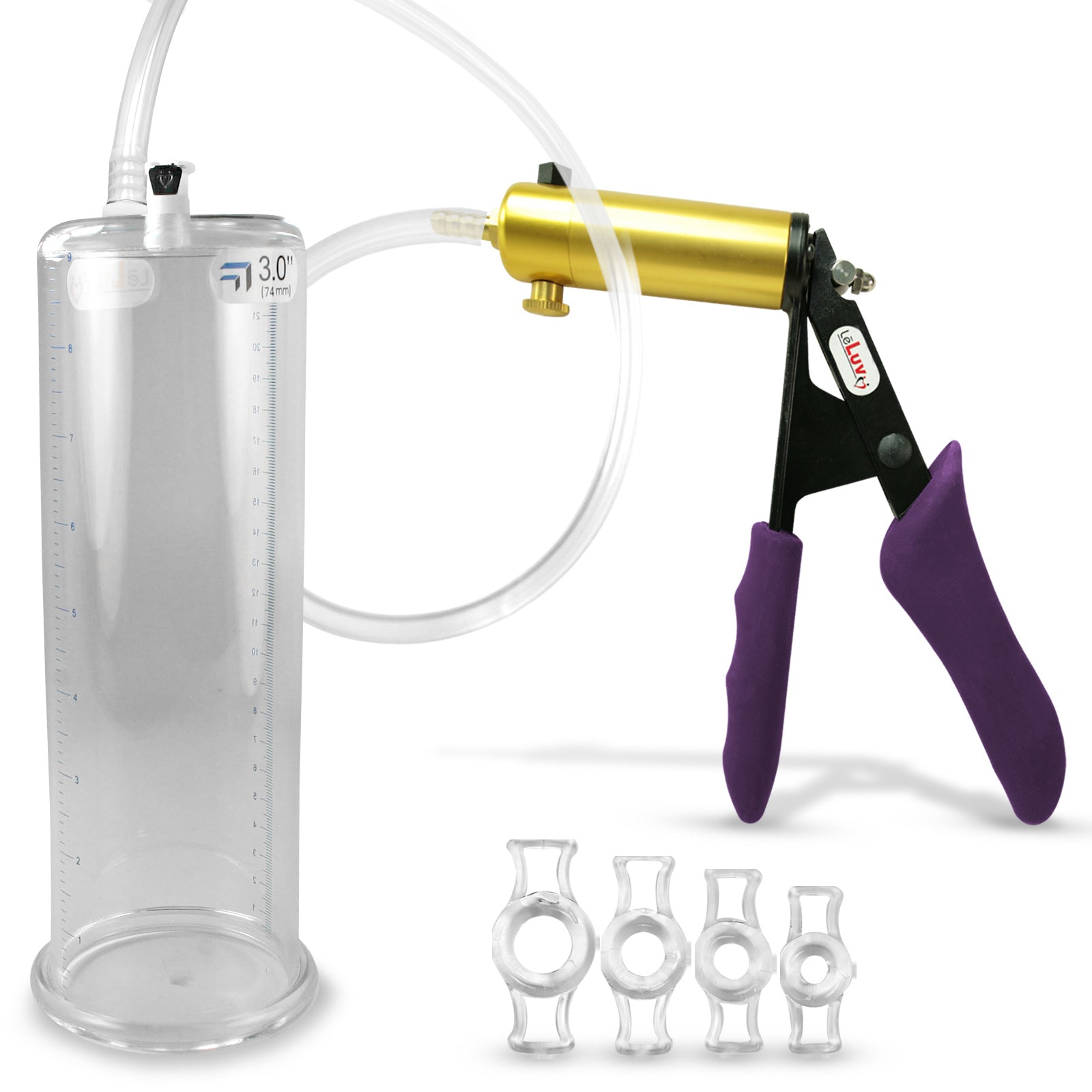 Ultima Brass Purple Penis Pump | Silicone Grip, Clear Hose | 9" Length - 3.00" Cylinder Diameter