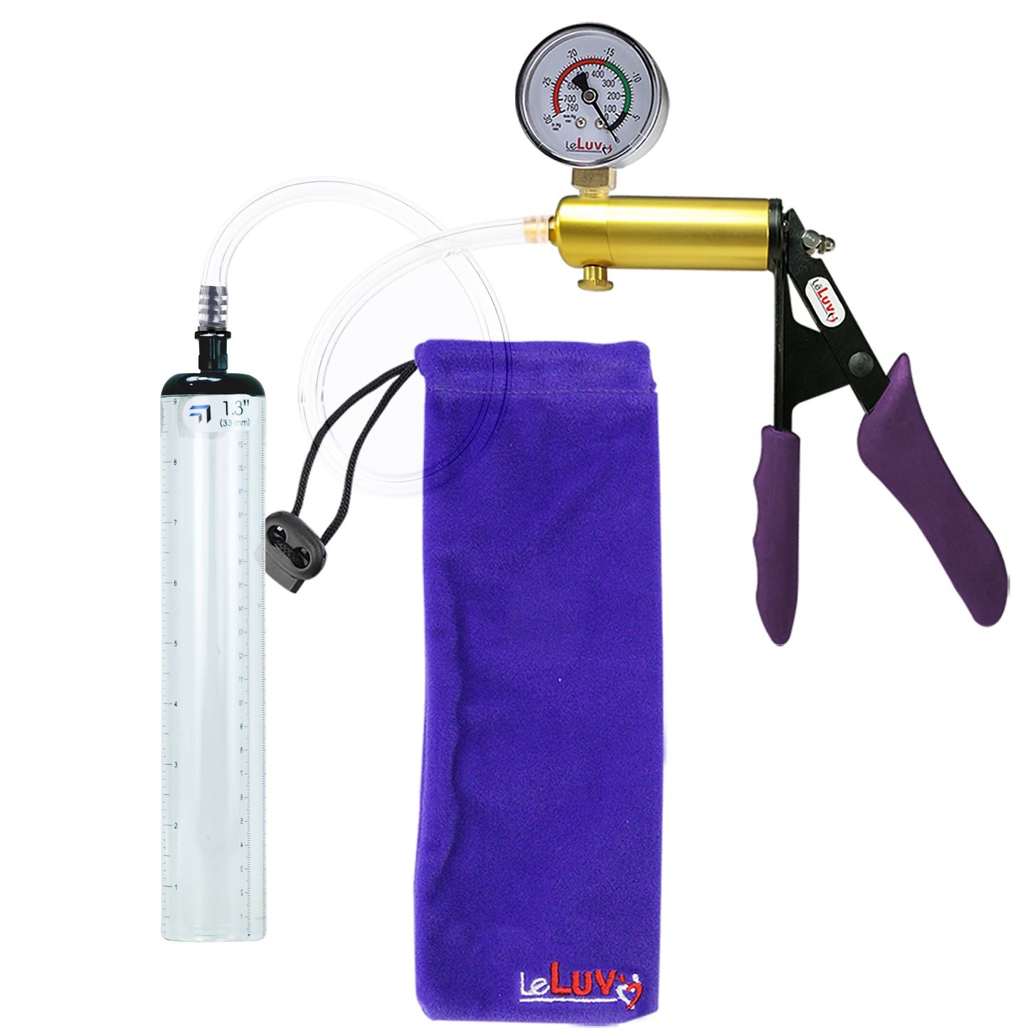 Ultima Brass Purple Penis Pump | Silicone Grip, Clear Hose + Gauge | 9" x 1.3" Thick-Walled Cylinder