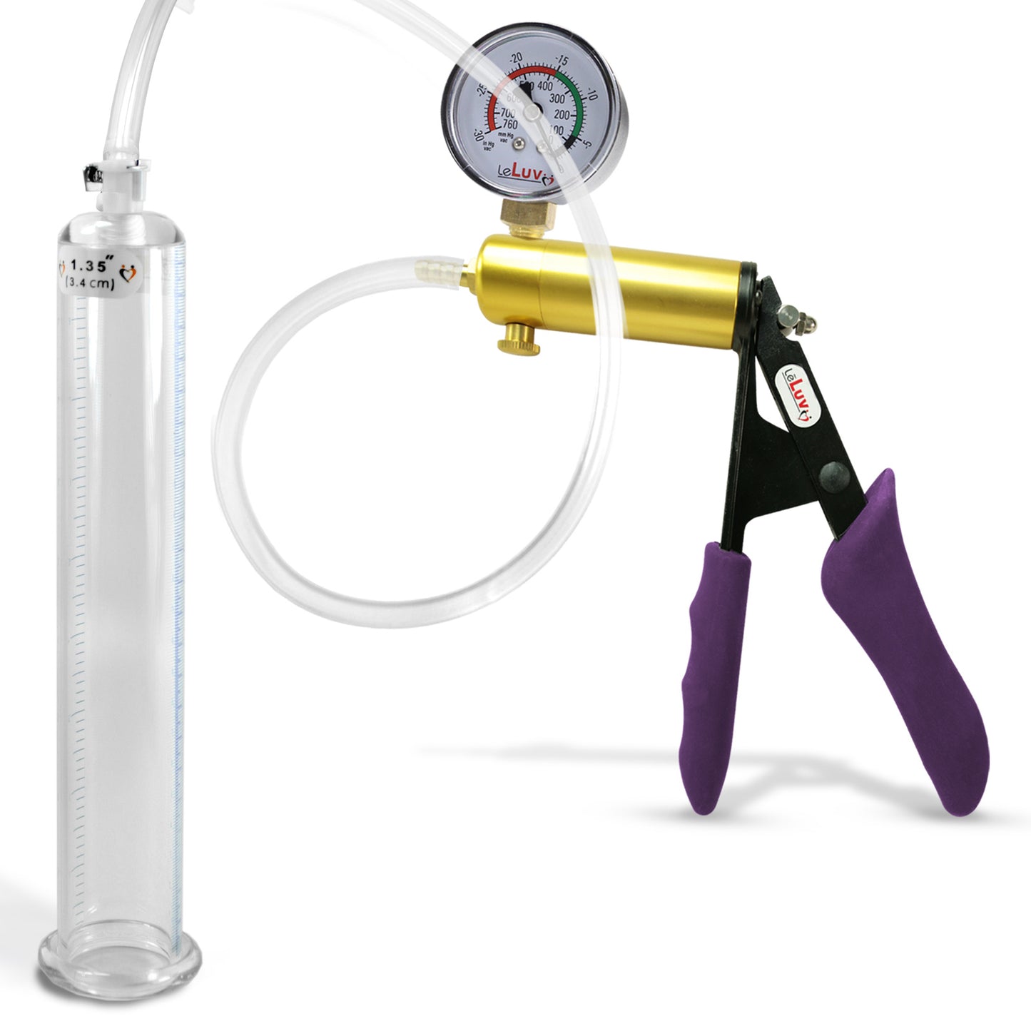 Ultima Brass Purple Penis Pump | Silicone Grip, Clear Hose + Gauge | 9" Length x 1.35" Cylinder Diameter