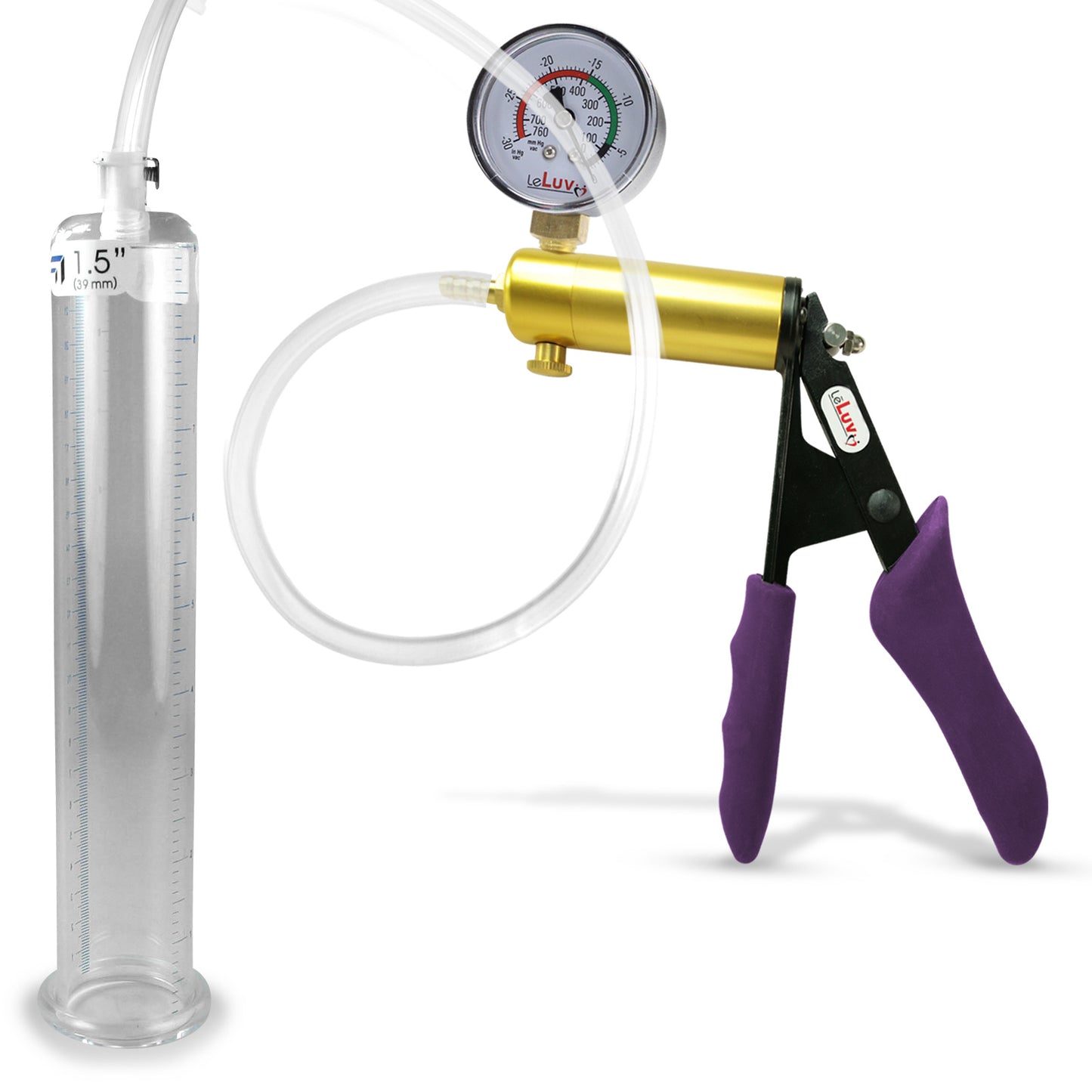 Ultima Brass Purple Penis Pump | Silicone Grip, Clear Hose + Gauge | 9" Length x 1.50" Cylinder Diameter