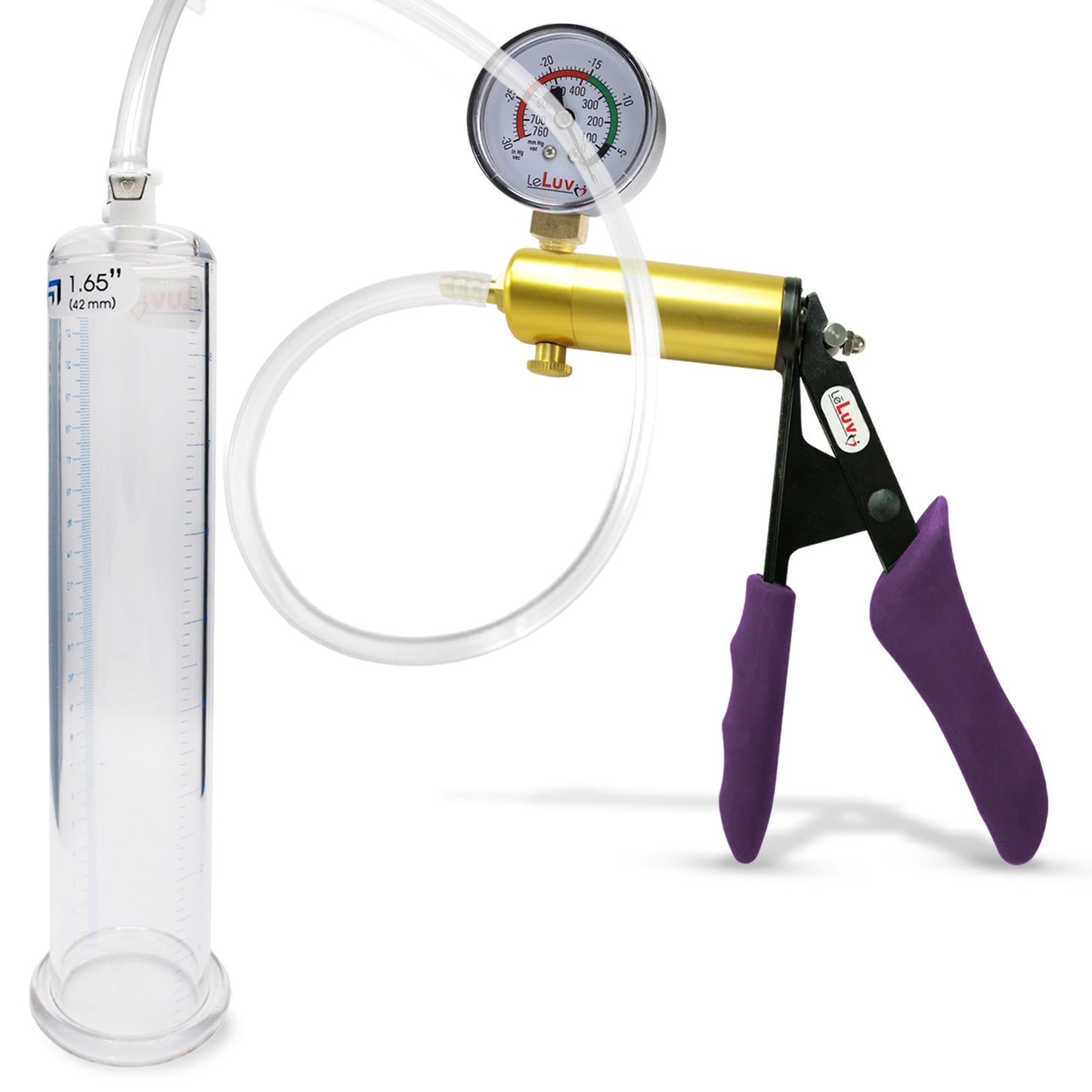 Ultima Brass Purple Penis Pump | Silicone Grip, Clear Hose + Gauge | 9" Length x 1.65" Cylinder Diameter