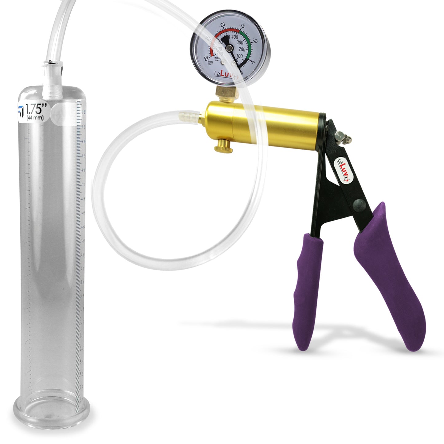 Ultima Brass Purple Penis Pump | Silicone Grip, Clear Hose + Gauge | 9" Length x 1.75" Cylinder Diameter