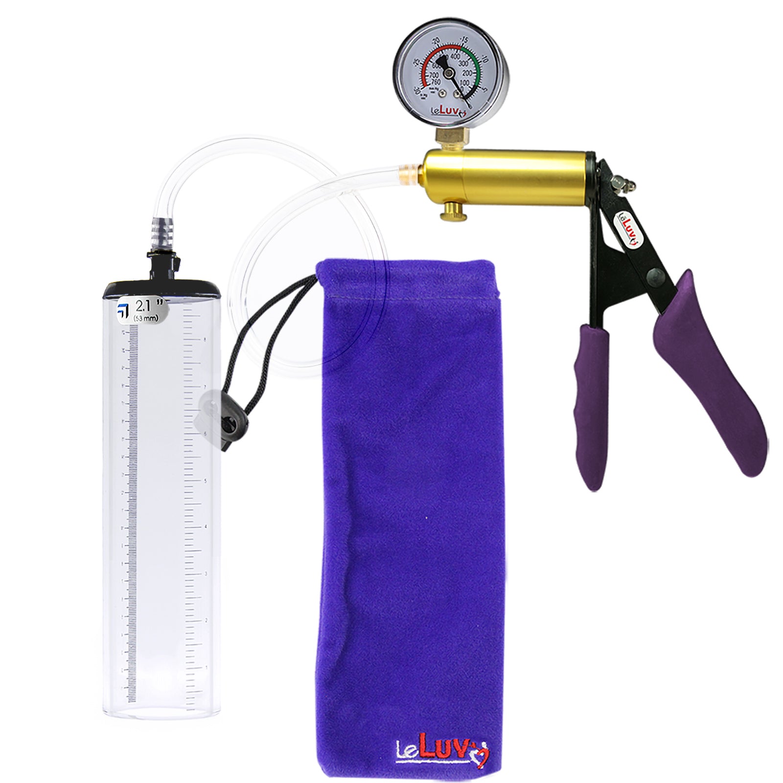 Ultima Brass Purple Penis Pump | Silicone Grip, Clear Hose + Gauge | 9" x 2.1" Thick-Walled Cylinder