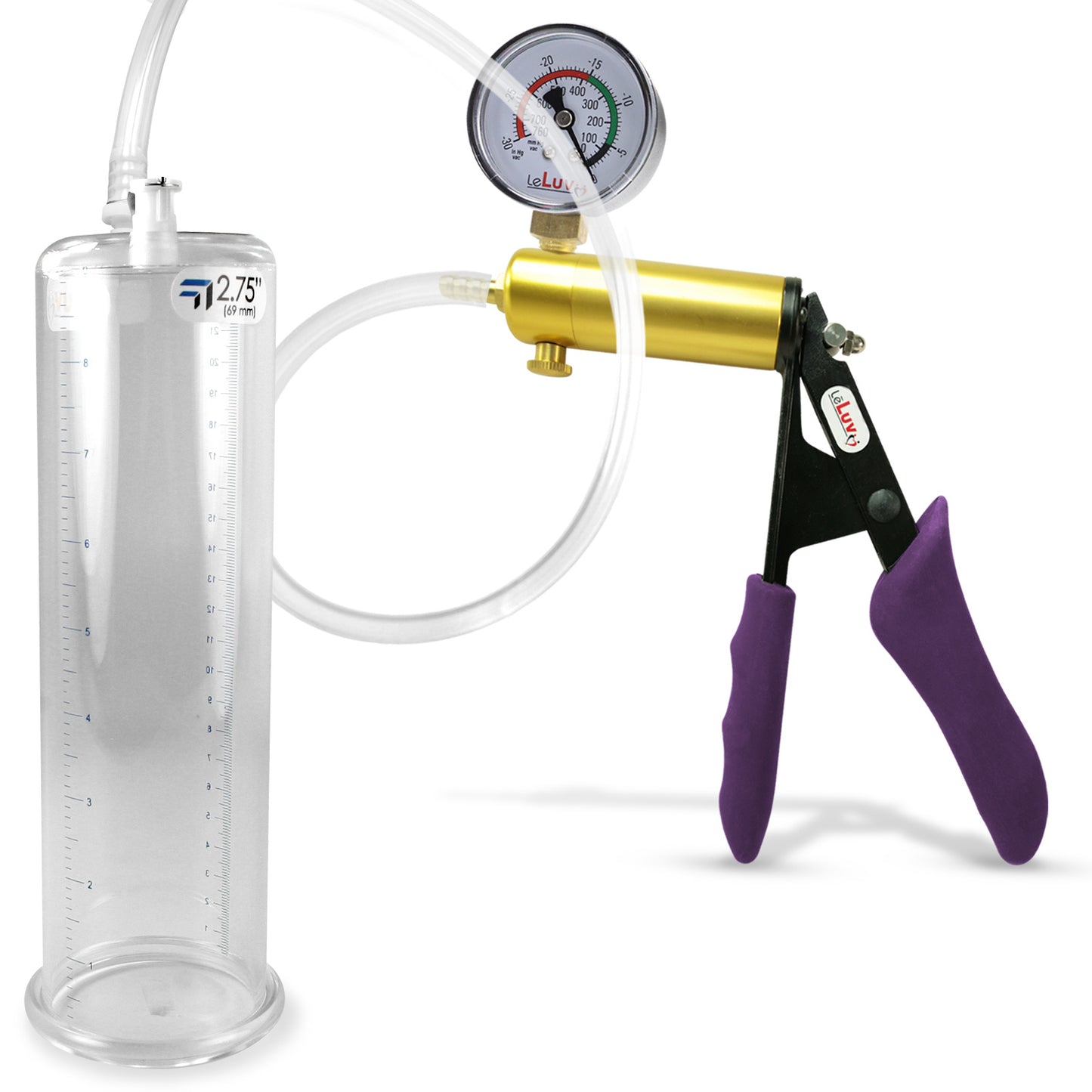 Ultima Brass Purple Penis Pump | Silicone Grip, Clear Hose + Gauge | 9" Length x 2.75" Cylinder Diameter
