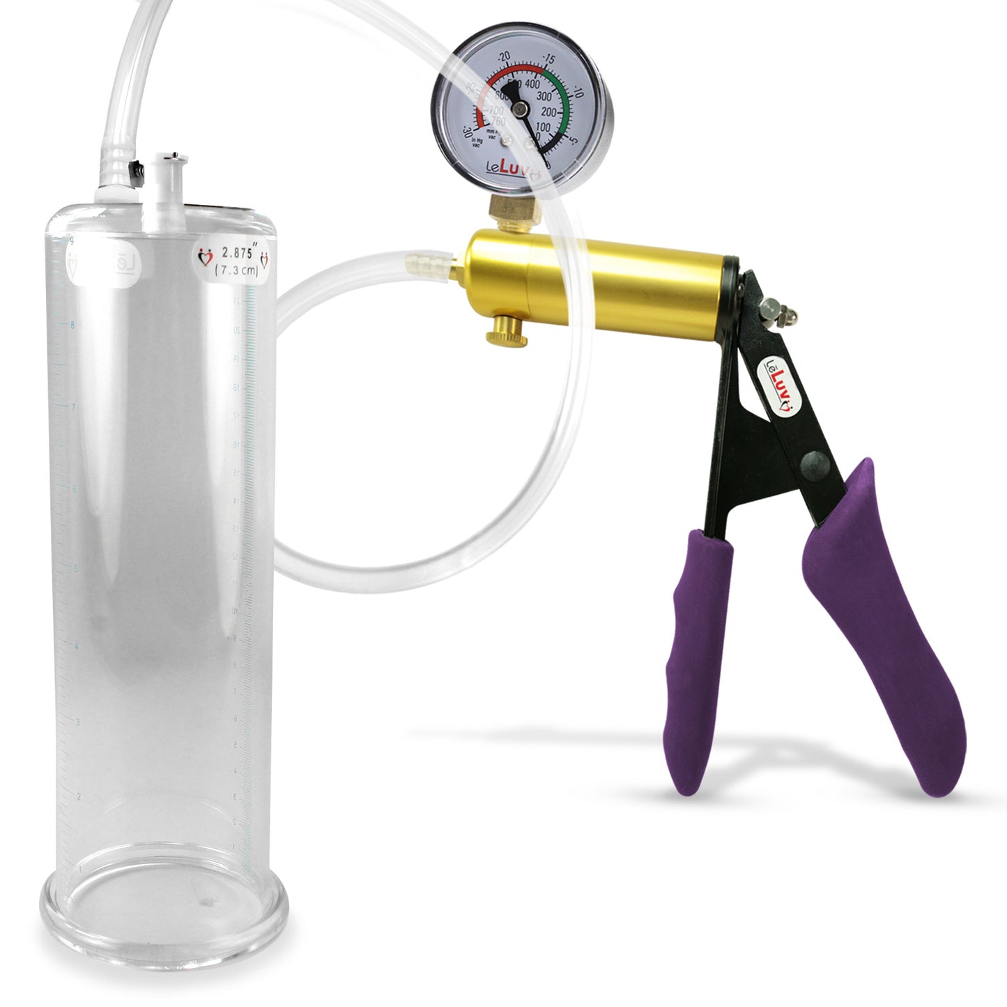 Ultima Brass Purple Penis Pump | Silicone Grip, Clear Hose + Gauge | 9" Length x 2.875" Cylinder Diameter