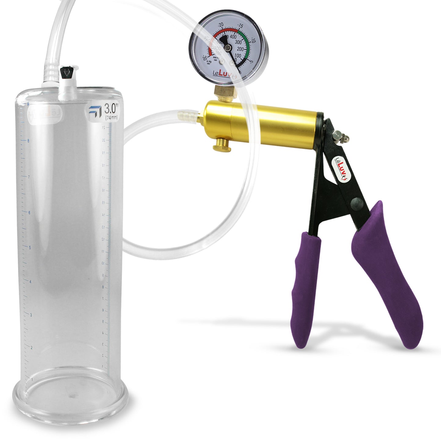 Ultima Brass Purple Penis Pump | Silicone Grip, Clear Hose + Gauge | 9" Length x 3.00" Cylinder Diameter