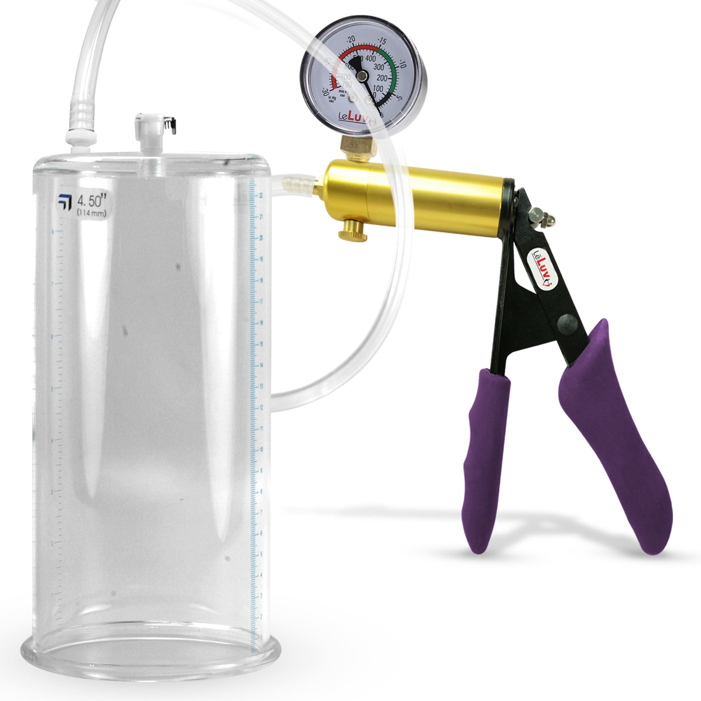 Ultima Brass Purple Penis Pump | Silicone Grip, Clear Hose + Gauge | 9" Length x 4.50" Cylinder Diameter
