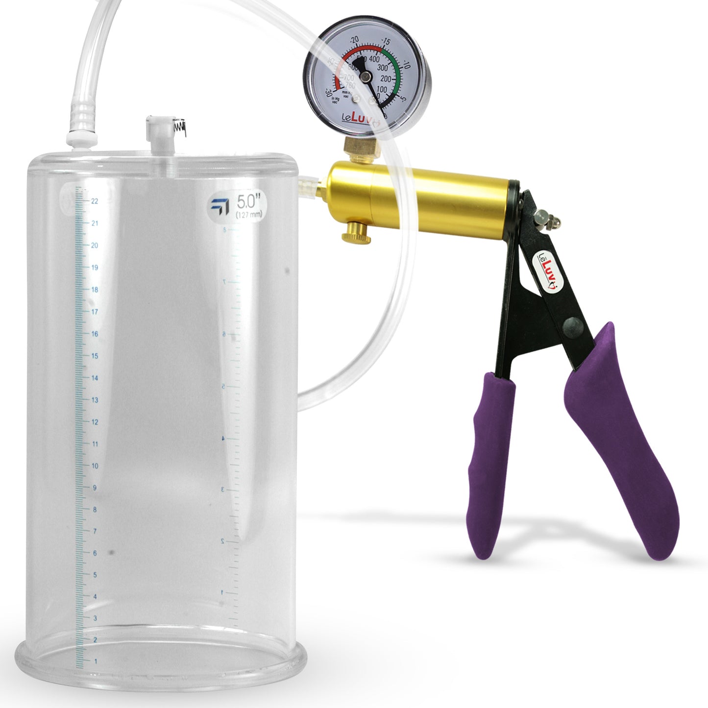 Ultima Brass Purple Penis Pump | Silicone Grip, Clear Hose + Gauge | 9" Length x 5.00" Cylinder Diameter