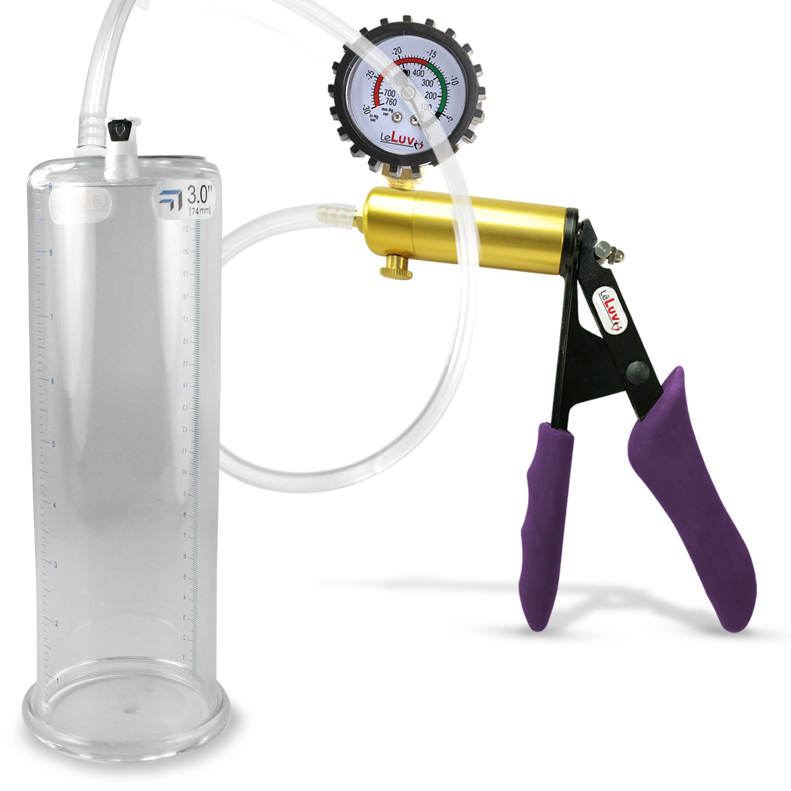 Ultima Brass Purple Penis Pump | Silicone Grip, Clear Hose + Gauge & Cover | 9" Length 3.00" Cylinder Diameter