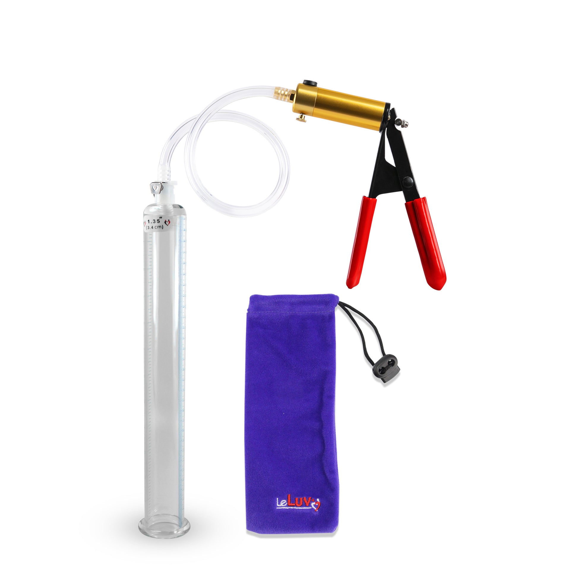 Ultima Brass Red Penis Pump | Rubber Grip, Clear Hose | 12" x1.35" Cylinder