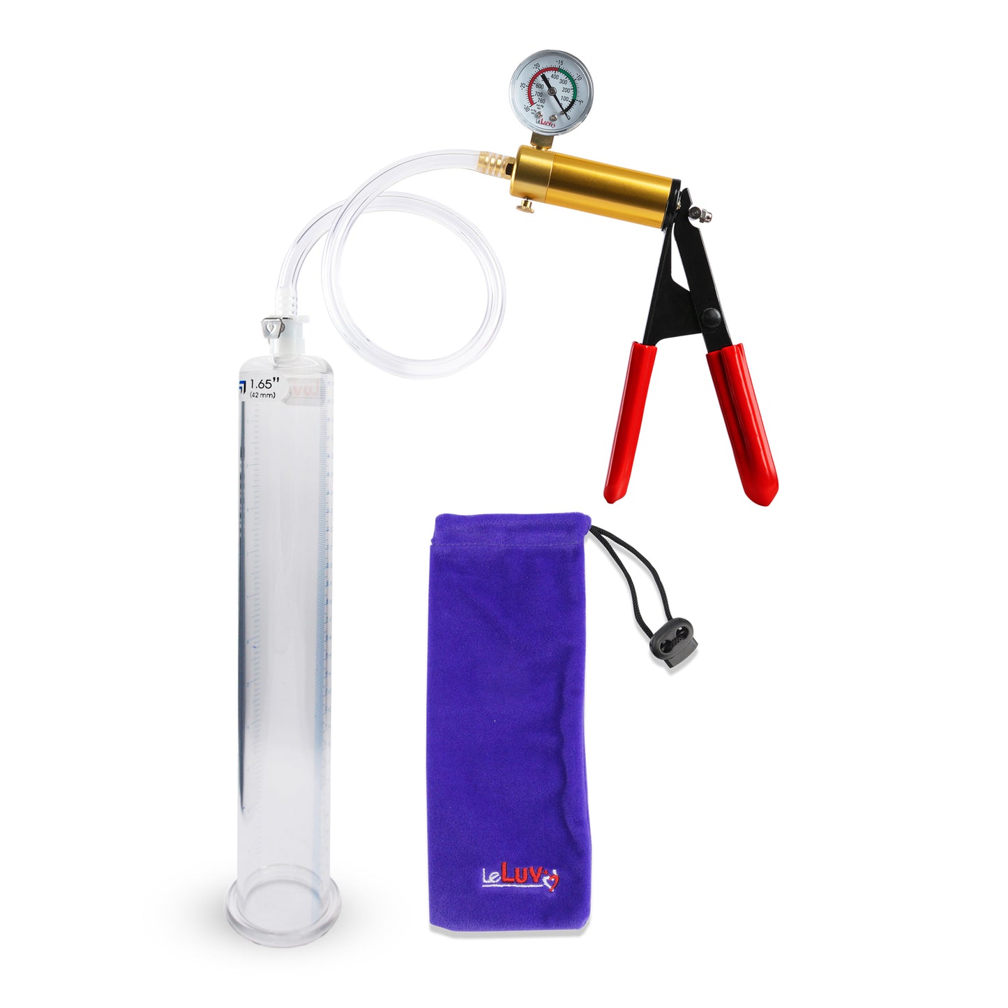 Ultima Brass Red Penis Pump | Rubber Grip, Clear Hose + Gauge | 12" x 1.65" Cylinder 