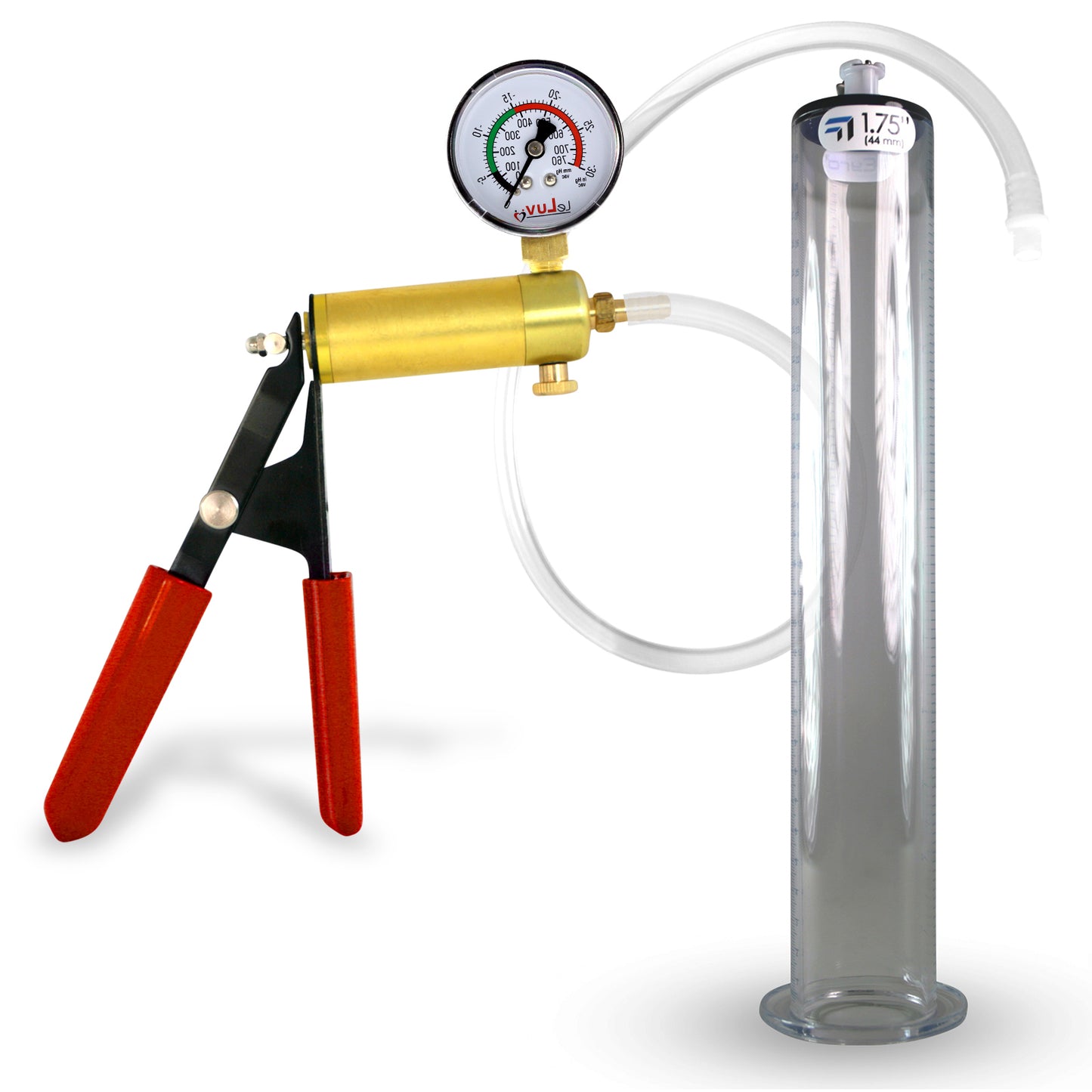 Ultima Silver Red Penis Pump | Rubber Grip, Silicone Hose + Gauge | 12" x 1.75" Wide Flange Cylinder