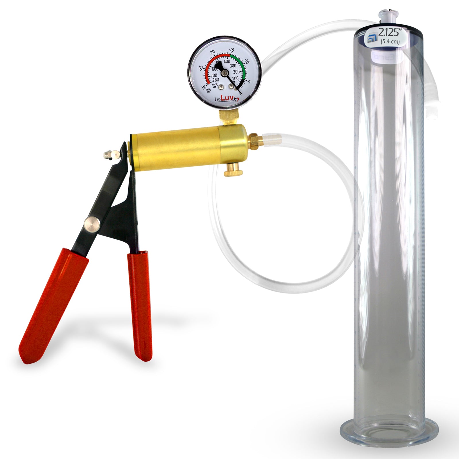 Ultima Silver Red Penis Pump | Rubber Grip, Silicone Hose + Gauge | 12" x 2.125" Wide Flange Cylinder