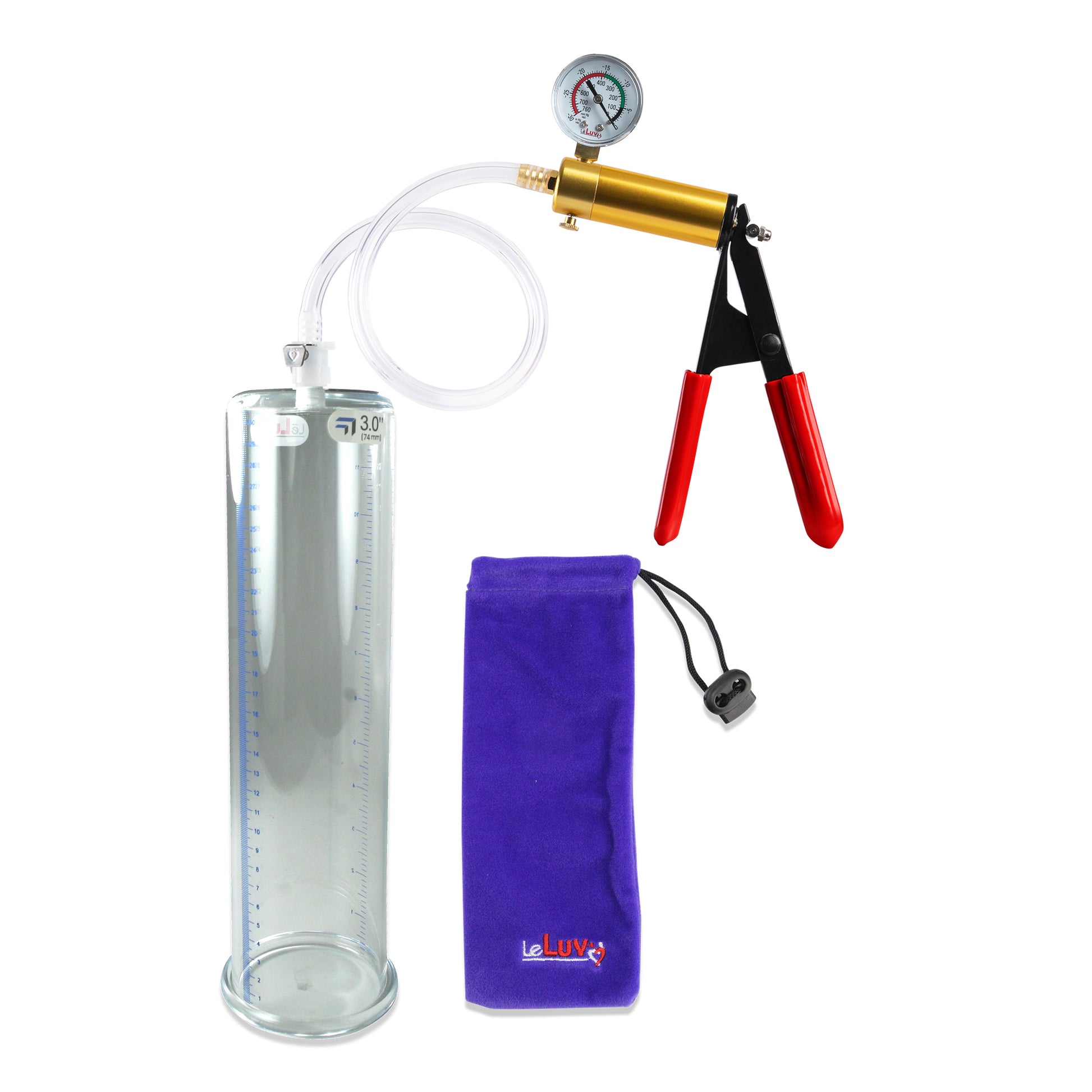 Ultima Brass Red Penis Pump | Rubber Grip, Clear Hose + Gauge | 12" x 3.00" Cylinder