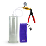 Ultima Brass Red Penis Pump | Rubber Grip, Clear Hose + Gauge | 12" x 4.10" Cylinder 