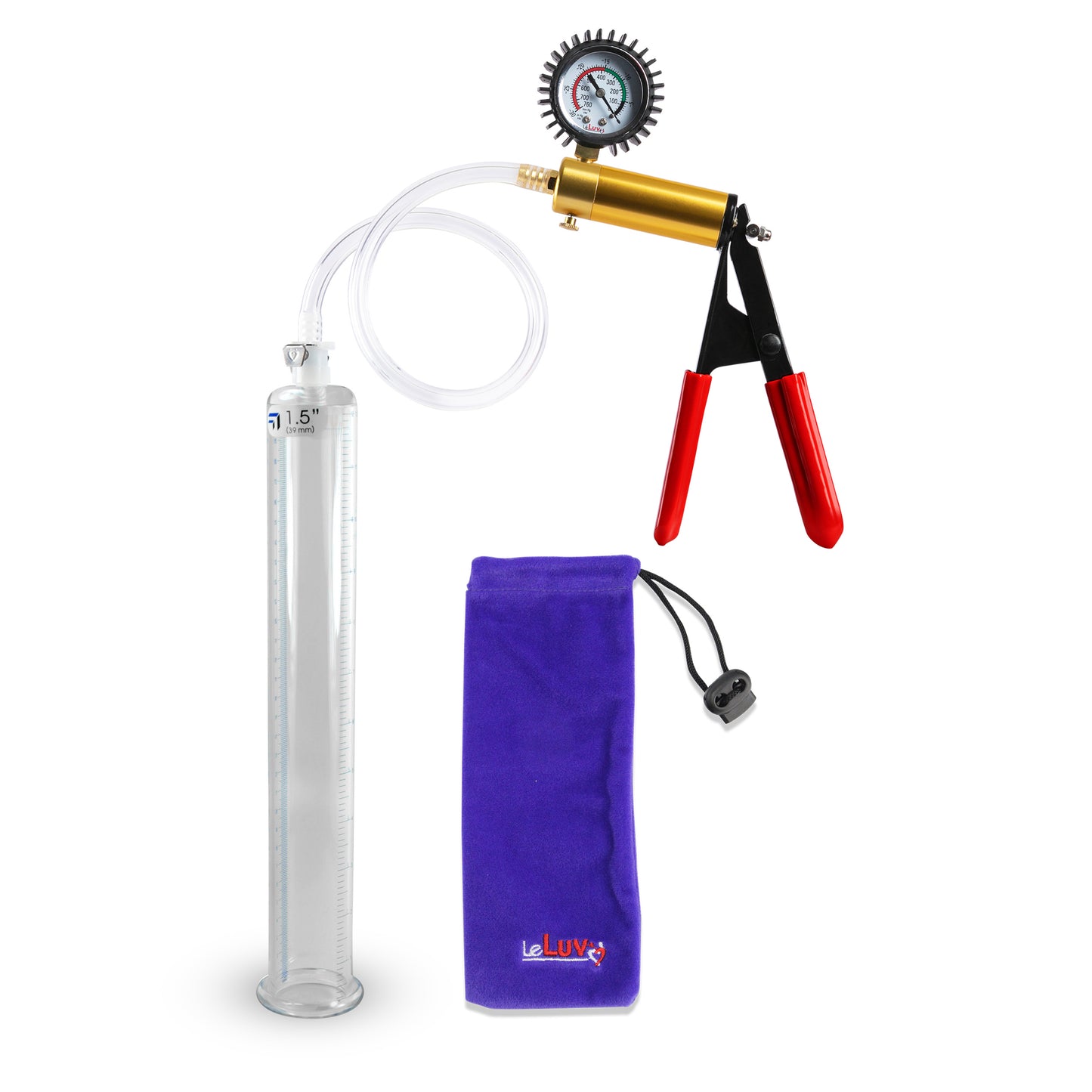 Ultima Brass Red Penis Pump | Rubber Grip, Clear Hose + Protected Gauge | 12" x 1.50"