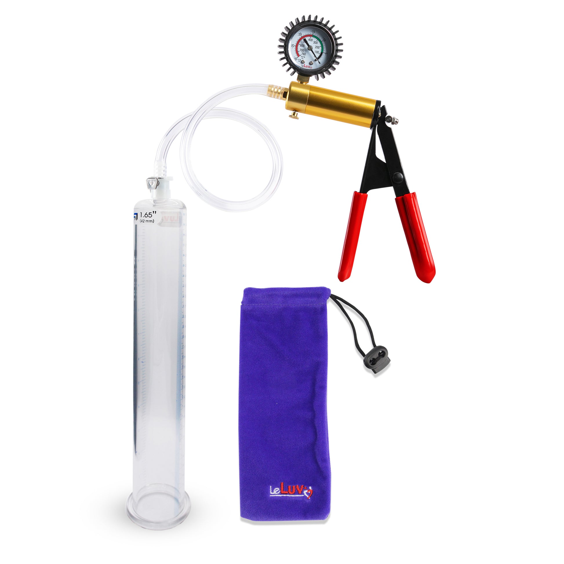 Ultima Brass Red Penis Pump | Rubber Grip, Clear Hose +  Protected Gauge | 9" x 1.65" Cylinder 