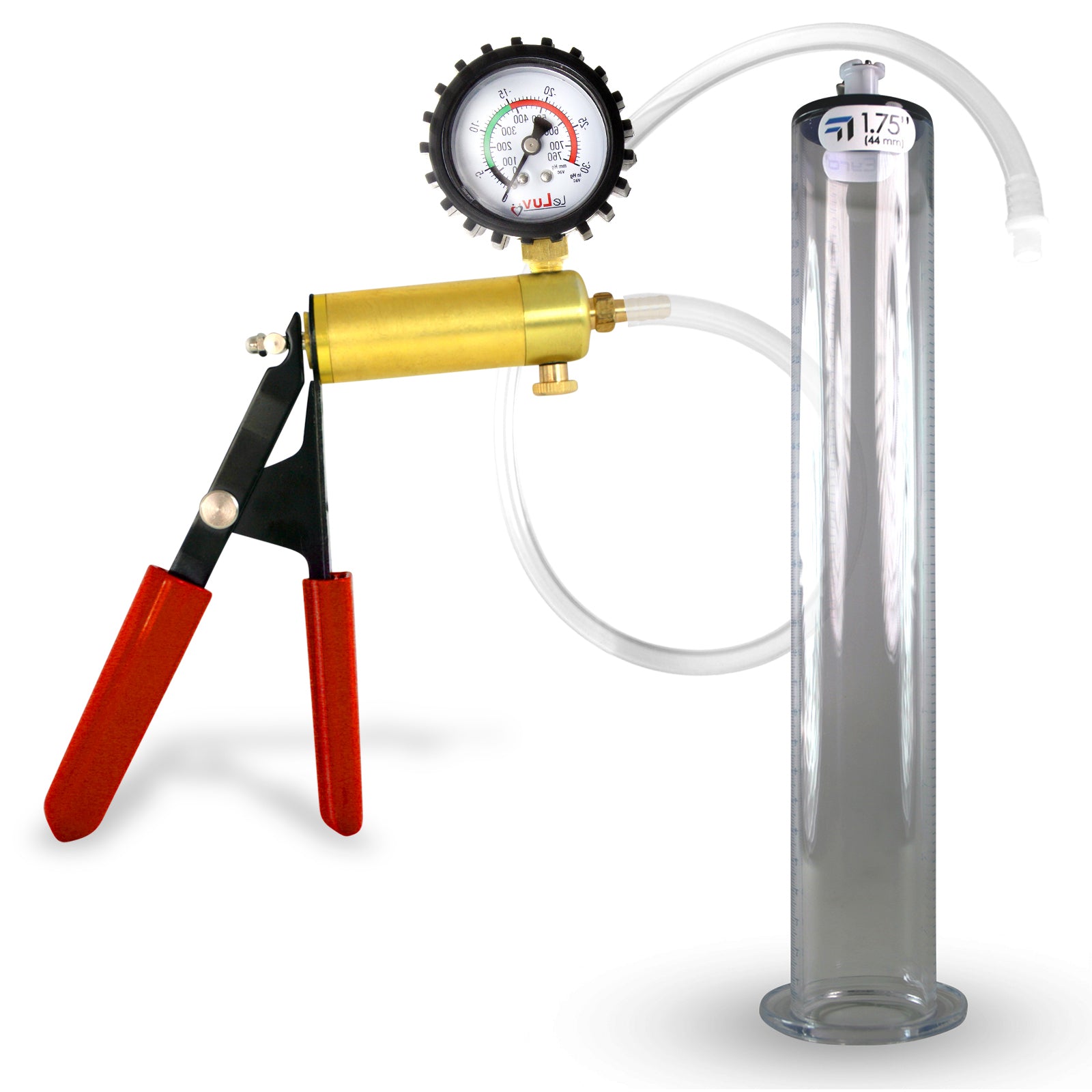 Ultima Silver Red Penis Pump | Rubber Grip, Silicone Hose + Protected Gauge | 12" x 1.75" Wide Flange Cylinder