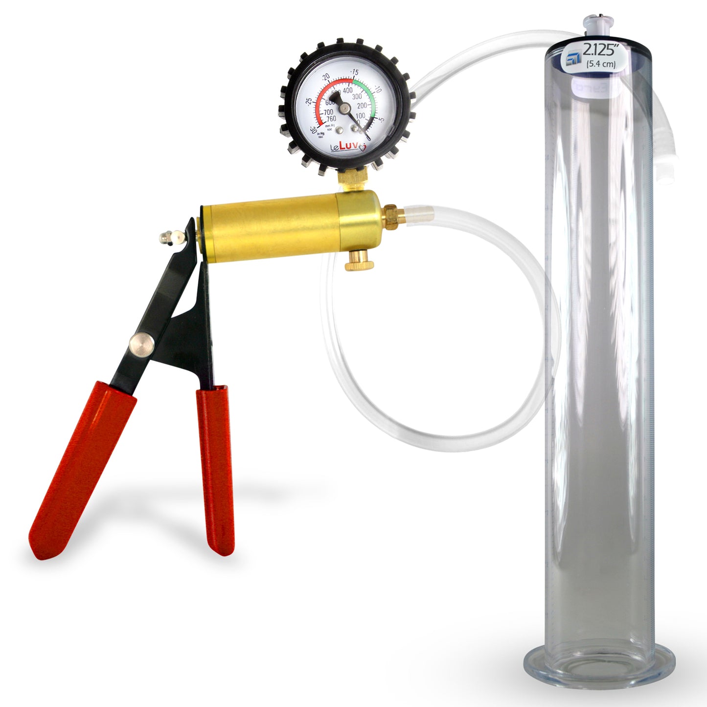 Ultima Silver Red Penis Pump | Rubber Grip, Silicone Hose + Protected Gauge | 12" x 2.125" Wide Flange Cylinder