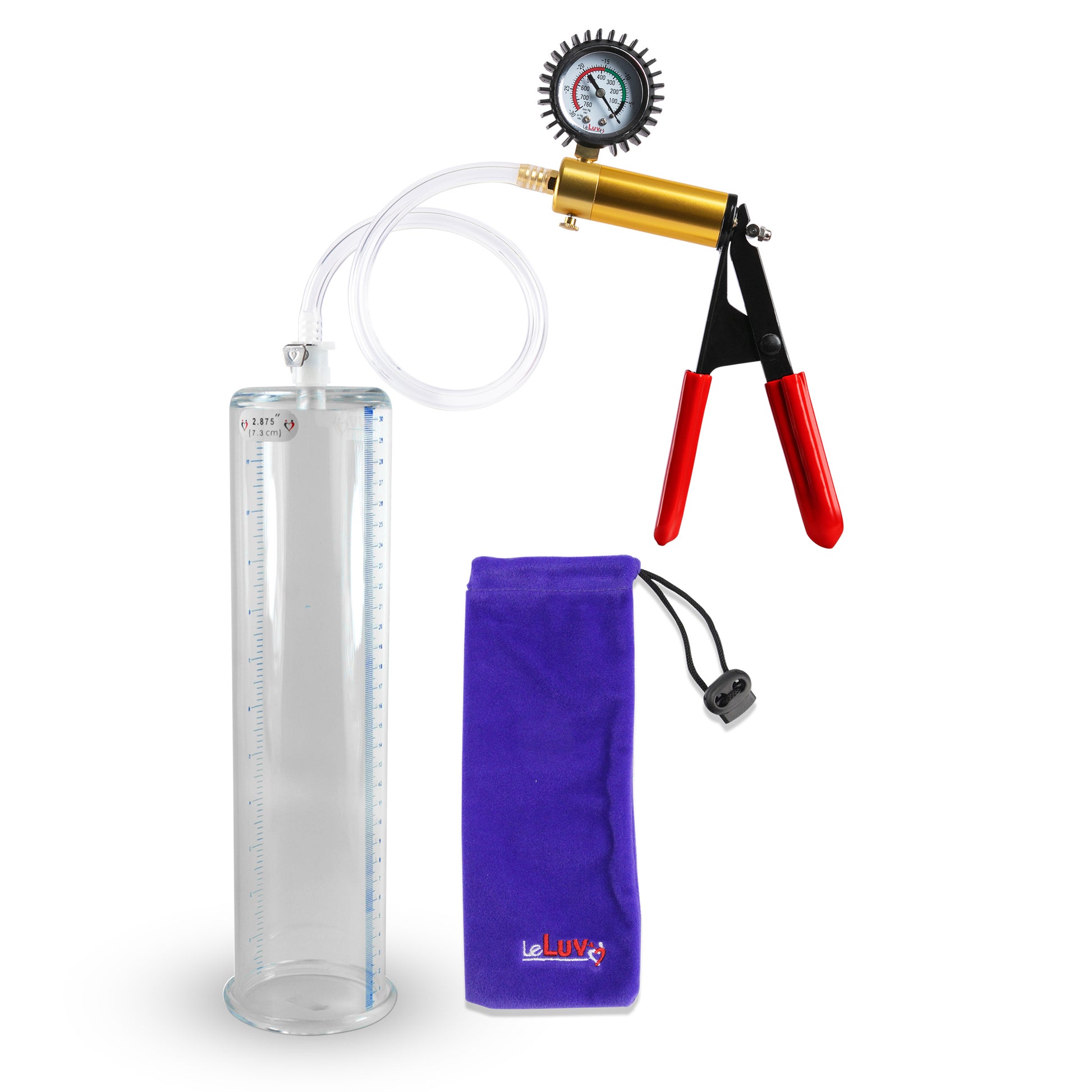 Ultima Brass Red Penis Pump | Rubber Grip, Clear Hose + Protected Gauge | 12" x 2.875"