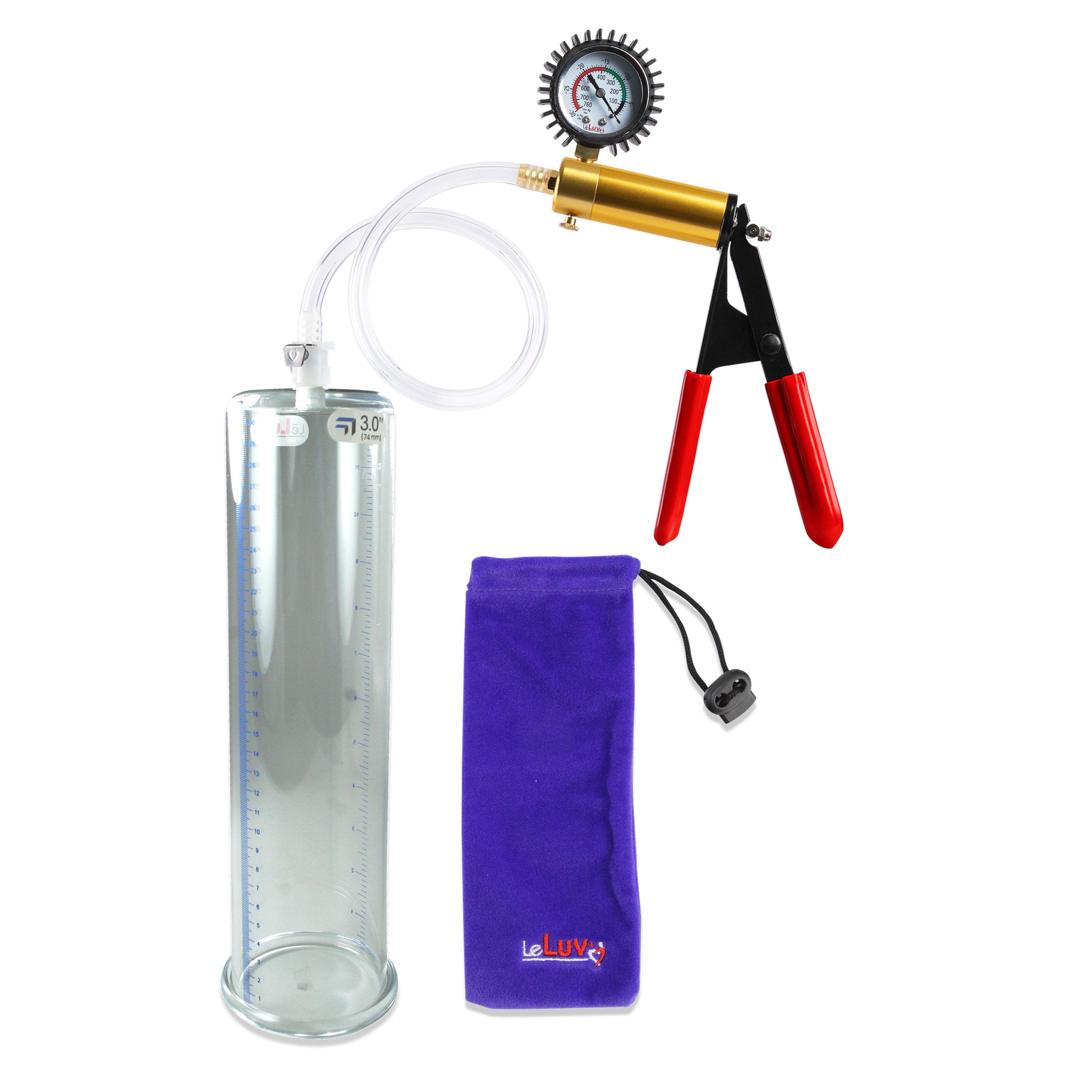 Ultima Brass Red Penis Pump | Rubber Grip, Clear Hose + Protected Gauge | 12" x 3.00"