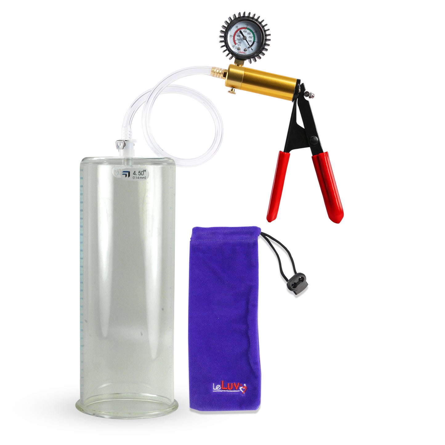 Ultima Brass Red Penis Pump | Rubber Grip, Clear Hose +  Protected Gauge | 9" x 4.50" Cylinder 