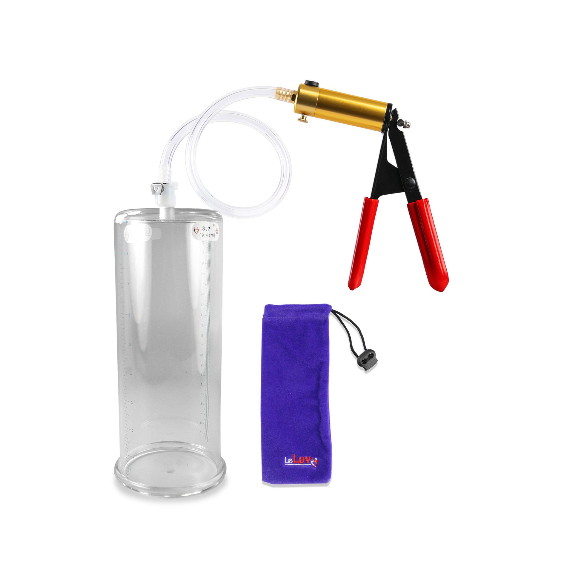 Ultima Brass Red Penis Pump | Rubber Grip, Clear Hose | 9" x 3.70" Cylinder