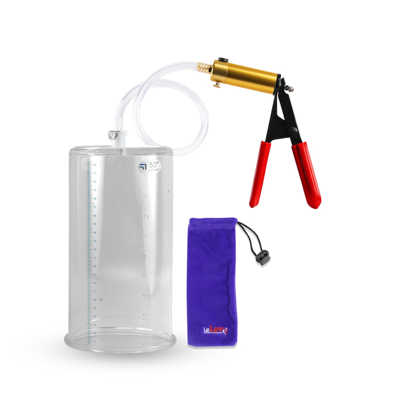 Ultima Brass Red Penis Pump | Rubber Grip, Clear Hose | 9" x 5.00" Cylinder 